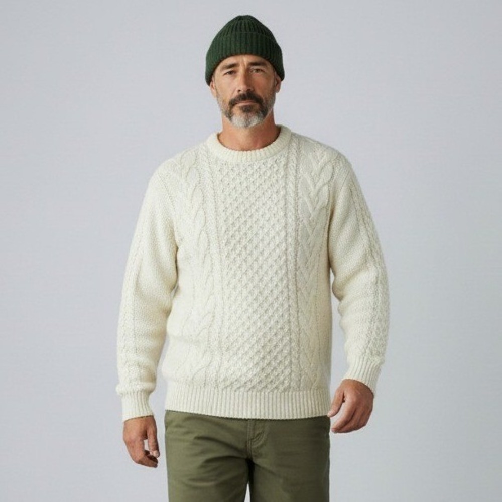 The Irish Store Mens XXL Cream 100% Wool Aran Cable Knit Fisherman Sweater